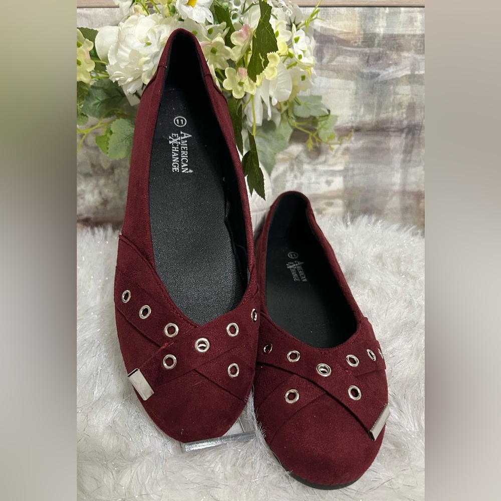 American Exchange Women's Deep Red Flats with Silver Accents